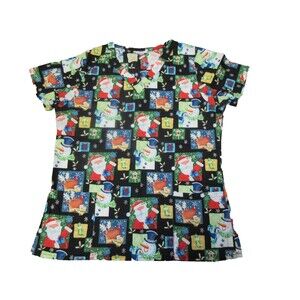 Christmas Scrub Top Life womens size M Medium  Santa,Snowman,Stockings GUC